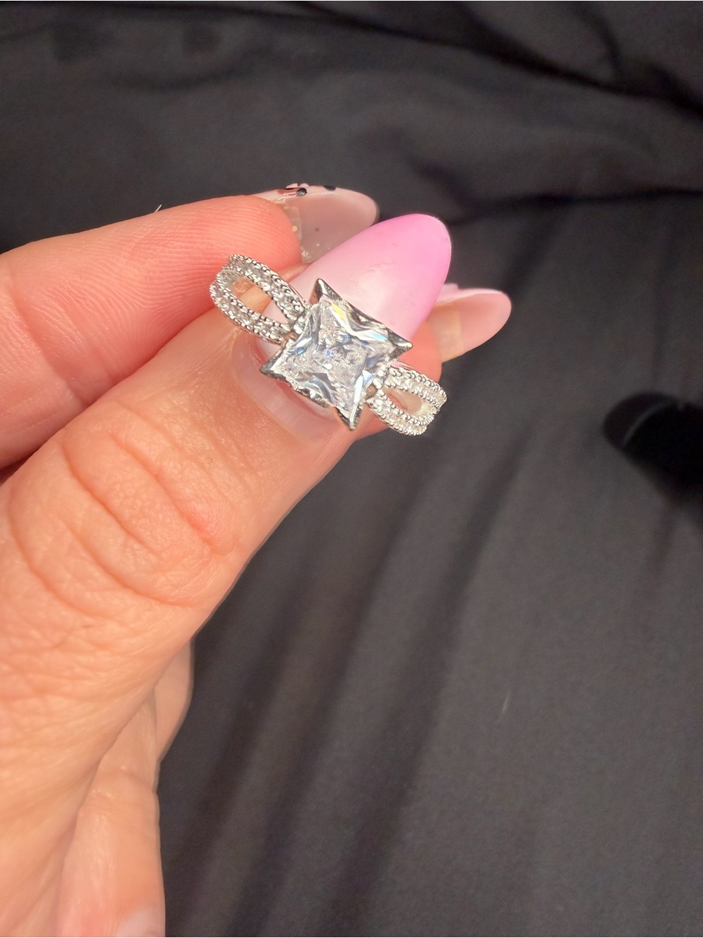 925 Sterling Silver Princess Cut AAA CZ Split Shank Ring